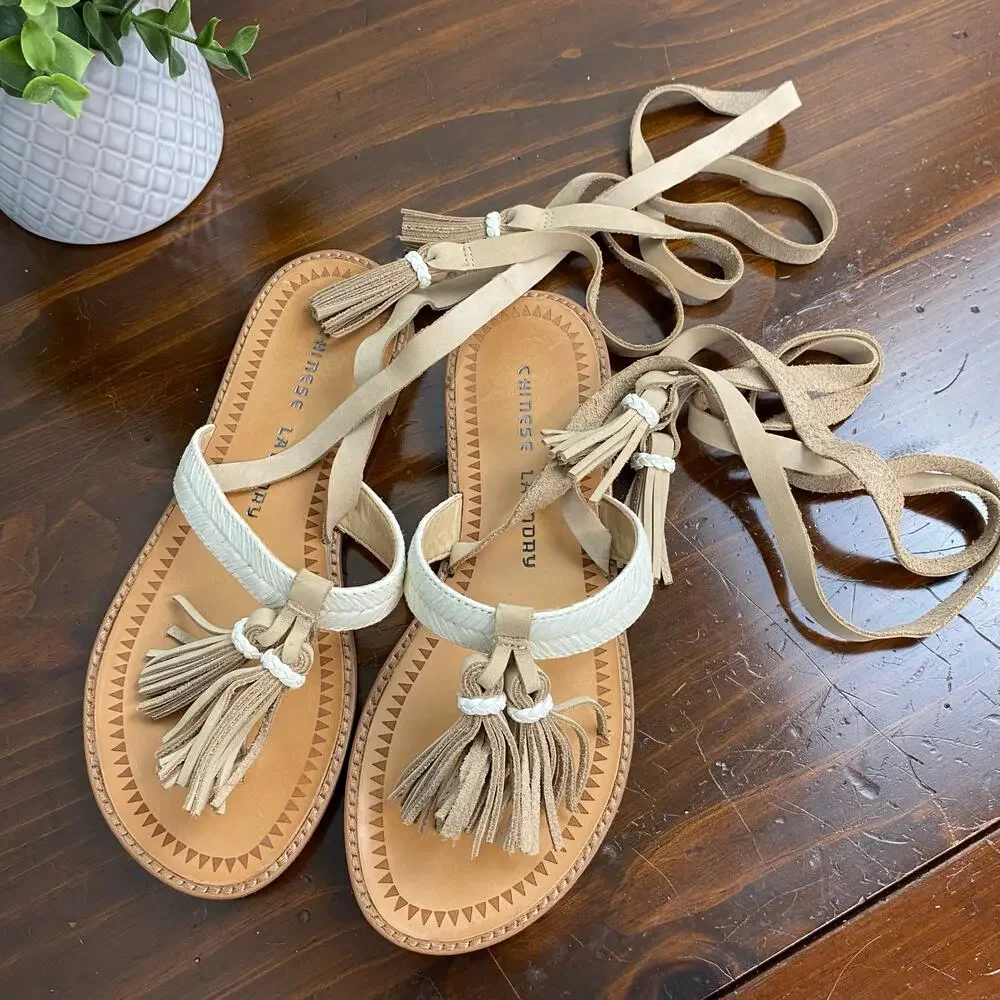 Chinese Laundry Boho Cream Leather Giordana Lace Up Flat Sandal Size 6.5 Tassels